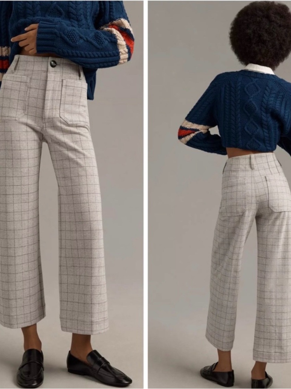Anthropologie Maeve The Colette Cropped Wide leg pant in grey plaid knit
